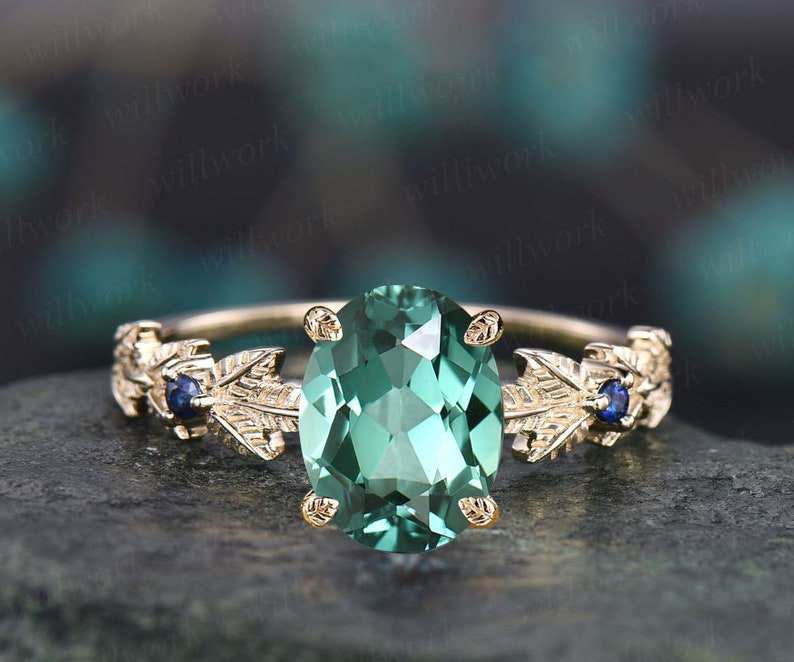 Oval cut teal green sapphire engagement ring 14k yellow gold Nature inspired leaf twig ring blue sapphire promise wedding ring for women image 1
