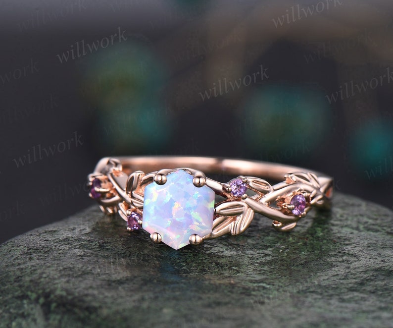 Twig opal ring vintage hexagon cut white opal engagement ring white gold leaf amethyst ring women October birthstone ring anniversary ring image 1