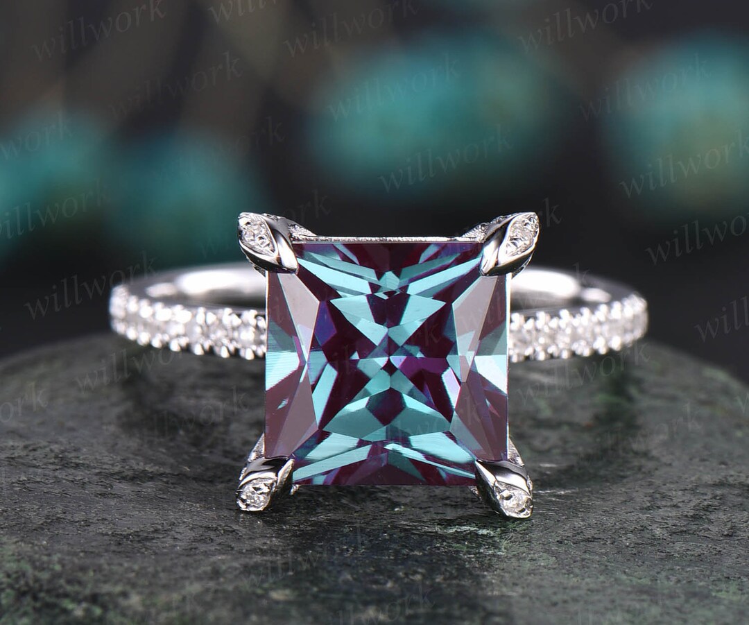 Unique Vintage Princess Cut Alexandrite Engagement Ring 14k