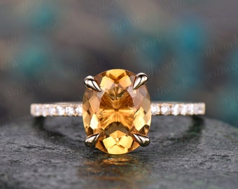 Natural oval citrine engagement ring solid 14k yellow gold citrine ring gold real diamond ring November birthstone ring wedding bridal ring