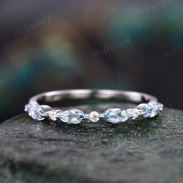 Marquise cut aquamarine wedding band art deco aquamarine wedding ring diamond wedding ring band 14k white gold anniversary bridal ring women