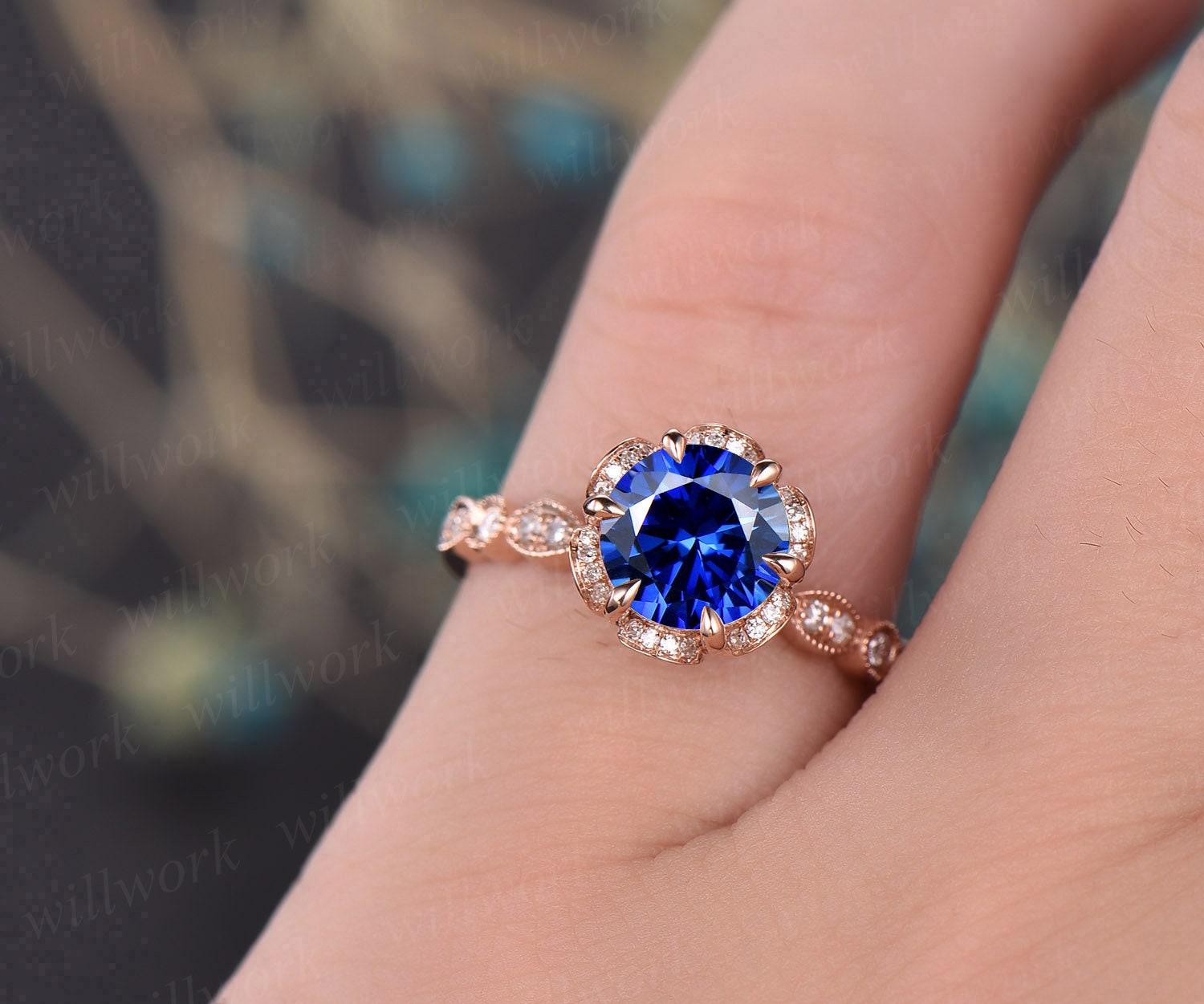 Blue Sapphire Ring Vintage Sapphire Engagement Ring 14k Rose - Etsy