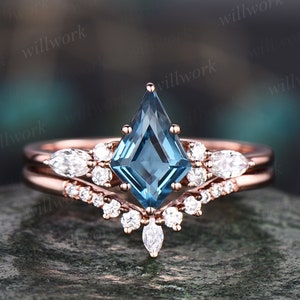 Kite cut London blue topaz engagement ring set vintage rose gold marquise moissanite ring set December birthstone ring anniversary ring