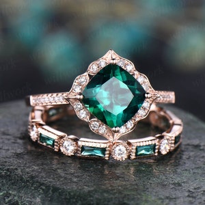 Green Emerald Engagement Ring Set White Rose Gold 2pc Flower Diamond ...