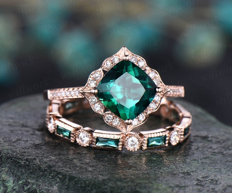 Green Emerald Engagement Ring Set White Rose Gold 2pc Flower - Etsy