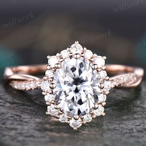 2ct oval cut Moissanite ring rose gold vintage unique engagement ring halo twisted snowdrift diamond bridal promise wedding ring for women