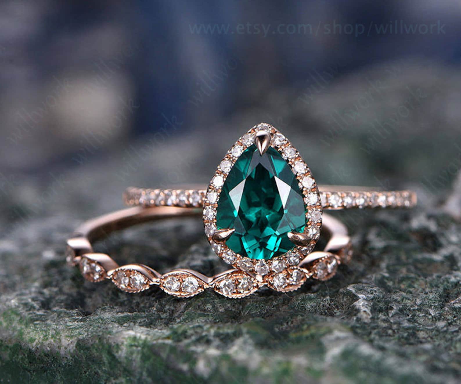 Green Emerald Engagement Ring Set Rose Gold Emerald Ring - Etsy