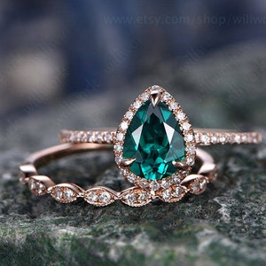 Green Emerald Engagement Ring Set Rose Gold Emerald Ring Vintage ...