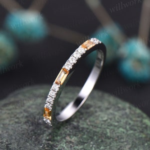 Rectangle citrine wedding ring vintage diamond wedding band solid 14k white gold dainty diamond ring for women bridal anniversary ring gift