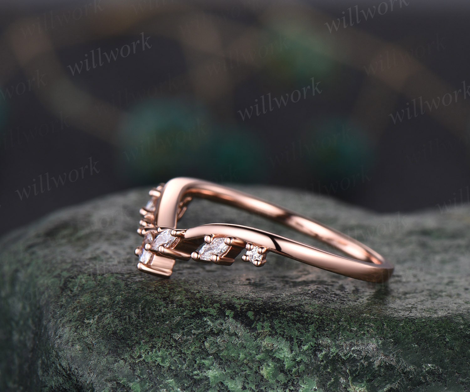 Curved Art Deco Diamond Wedding Band Solid 14k Rose Gold Cluster ...