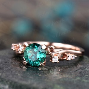 Emerald ring vintage emerald engagement ring 14k rose gold real diamond ring gift unique antique wedding promise anniversary ring for her