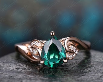Flower antique emerald ring vintage pear cut emerald engagement ring rose gold real diamond May birthstone wedding women anniversary ring