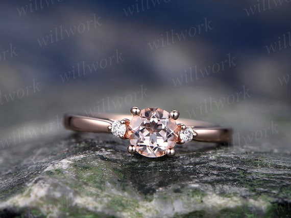 Morganite engagement ring solid 14k rose gold three stone ring real diamond  ring unique vintage gift wedding bridal promise anniversary ring
