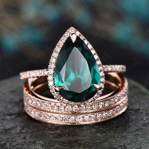 8x12mm pear emerald engagement ring set vintage 14k rose gold ring set diamond halo ring unique bridal ring set wedding promise ring set