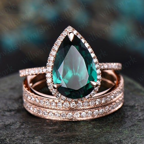 Twig Pear Shaped Emerald Engagement Ring Set 14k Rose Gold - Etsy