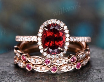 Unique engagement ring set oval garnet engagement ring set vintage natural ruby ring art deco diamond ring set 14k rose gold for women gift