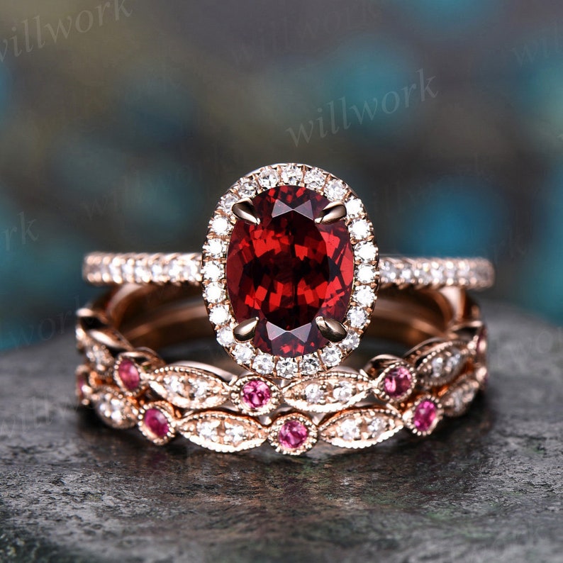 Unique engagement ring set oval garnet engagement ring set 3pc ring set+M