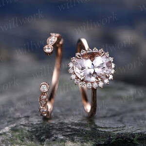 Morganit Verlobungsring set solide 14 k rose gold Ring echte Diamant Ring einzigartige ovale Blume offene Lücke Hochzeit Versprechen Ring Brautring set