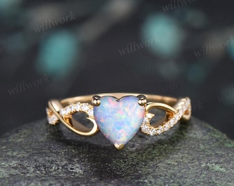 Heart white opal engagement ring 14k yellow gold half eternity infinity diamond anniversary promise wedding ring women gift