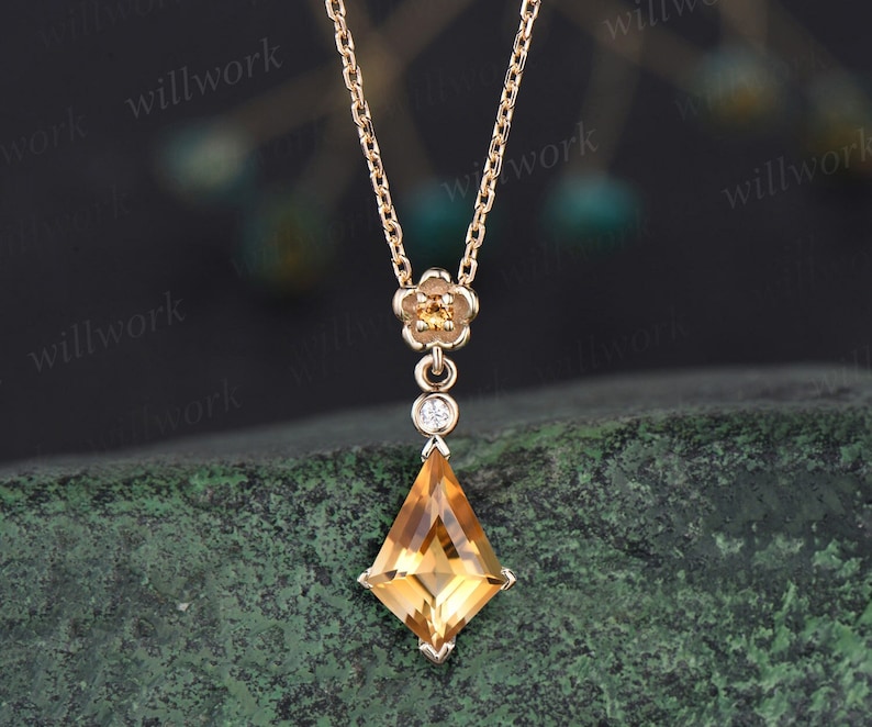 Kite cut citrine necklace solid 14k 18k yellow gold bezel diamond floral pendant women her gemstone anniversary bridal gift mother jewelry image 1
