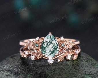 Vintage pear green moss agate engagement ring solid 14k rose gold leaf floral unique cluster emerald art deco wedding ring set women