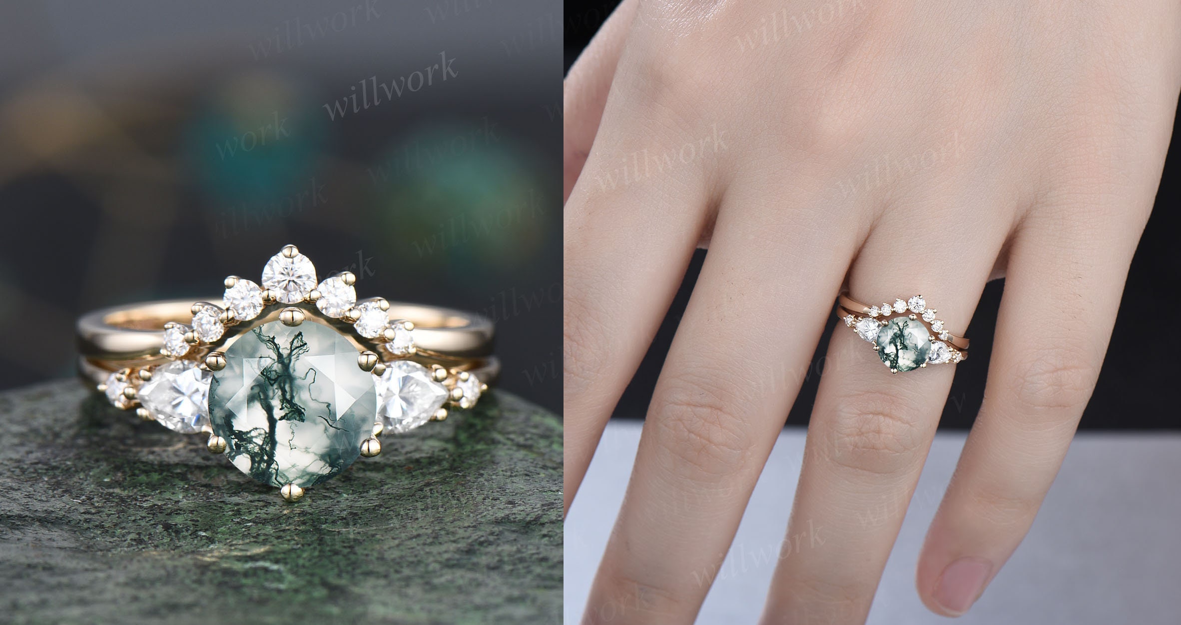 14K solid two tone gold moss agate ring 5mm dainty aquatic agate engagement  ring Twisted wedding ring women Unique crystal bridal ring gift