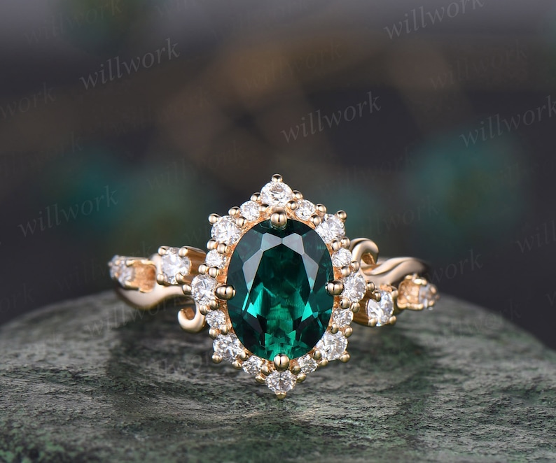 Vintage oval cut emerald engagement ring halo diamond ring 14k yellow gold art deco May birthstone ring unique bridal ring women jewelry image 4