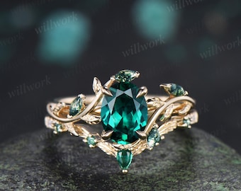 Anello di fidanzamento con smeraldo verde taglio ovale in oro giallo 14 carati, set di anelli da sposa impilabili con muschio e agata a forma di foglia ispirati alla natura, argento.