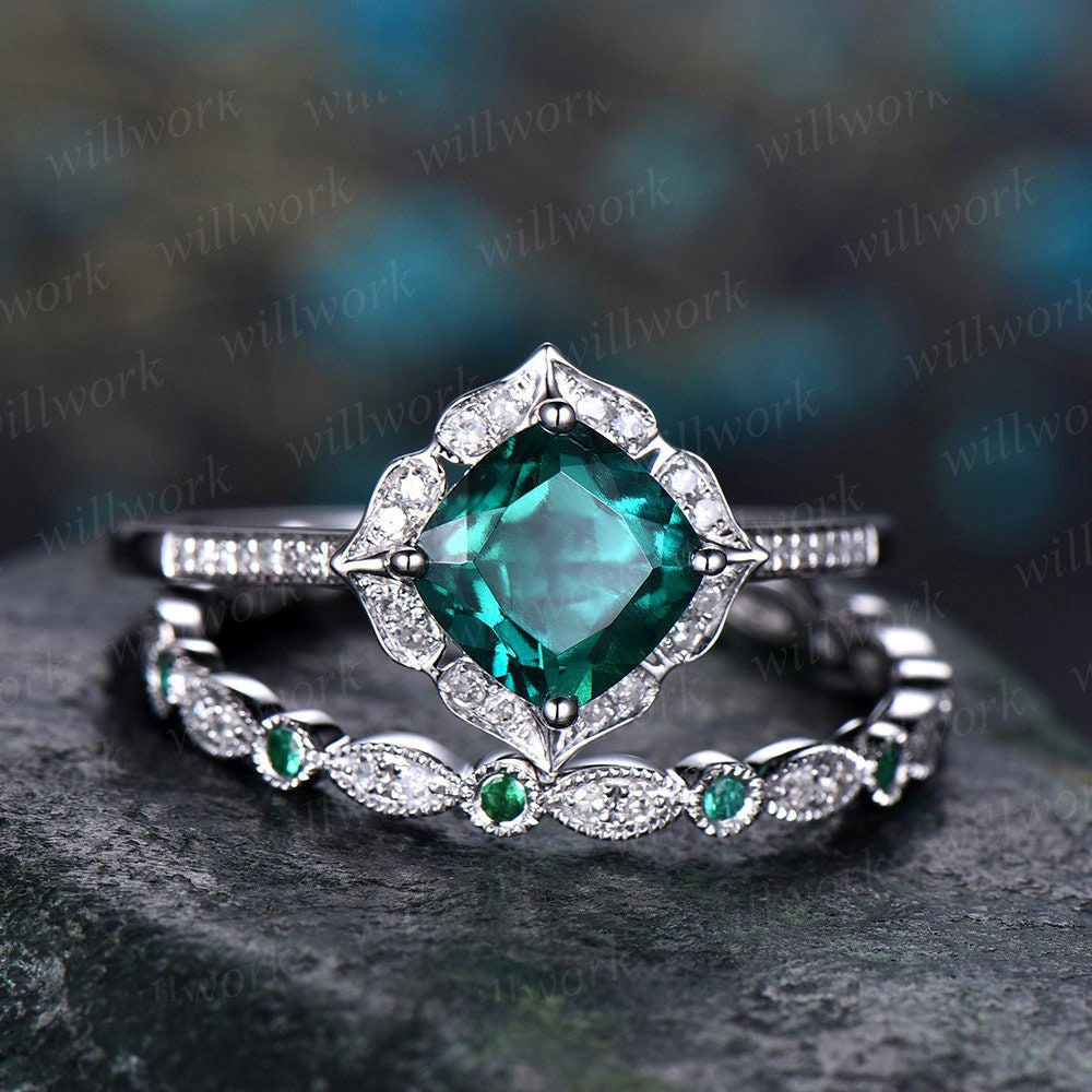 Emerald engagement ring set 14k white gold full eternity | Etsy