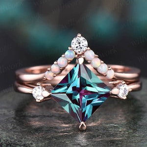 Vintage opal ring rose gold ring set 2pcs princess cut Alexandrite engagement ring set moissanite ring bridal wedding set custom jewelry