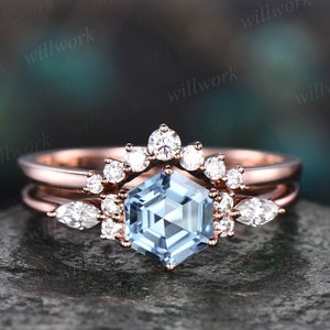 Hexagon aquamarine ring for women vintage unique aquamarine engagement ring set rose gold art deco dainty moissanite wedding bridal ring set