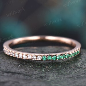 Vintage natural emerald ring for women rose gold ring unique emerald wedding band diamond wedding ring band birthday gift anniversary ring