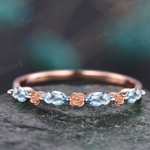 Flower marquise cut Aquamarine wedding band solid 14k rose gold half eternity stacking wedding ring art deco bridal anniversary ring gift
