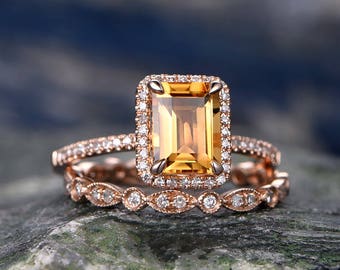 Emerald Cut Citrine engagement ring set-Solid 14k rose gold-Real Diamond Wedding ring-2PC Stacking ring-gemstone-yellow birthstone halo ring