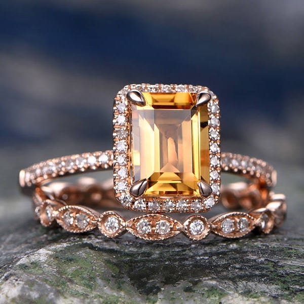 Emerald Cut Citrine engagement ring set-Solid 14k rose gold-Real Diamond Wedding ring-2PC Stacking ring-gemstone-yellow birthstone halo ring