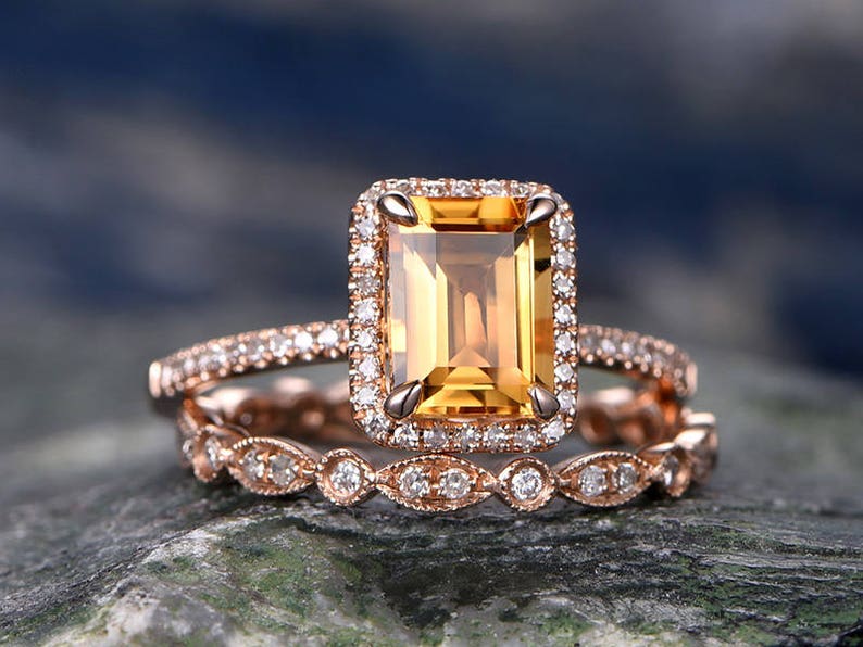 Emerald Cut Citrine engagement ring set-Solid 14k rose gold-Real Diamond Wedding ring-2PC Stacking ring-gemstone-yellow birthstone halo ring image 1