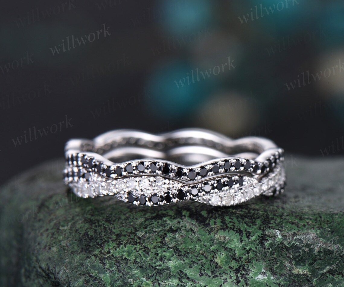 Twisted Full Eternity Black Diamond Wedding Band Solid 14k White Gold ...