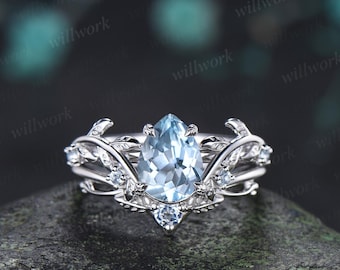 Teardrop pear cut aquamarine engagement ring 14k white gold vintage leaf nature inspired stacking promise wedding ring set women gift
