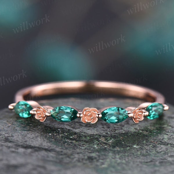 Flower marquise cut emerald wedding band solid 14k rose gold half eternity stacking wedding ring art deco bridal anniversary ring gift