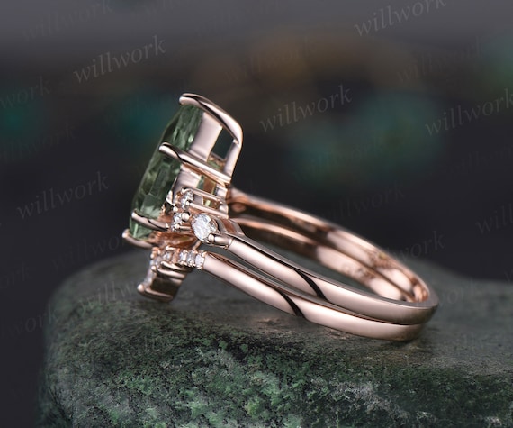 8x11mm Kite Cut Green Moss Agate Ring Solid 14k Rose Gold Moss 