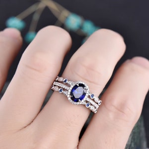 3pcs blue sapphire ring vintage sapphire engagement ring set rose gold for women diamond halo natural sapphire wedding band bridal ring set image 6