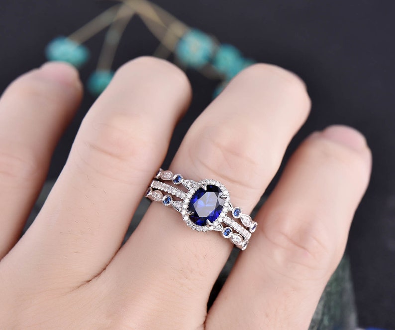 3pcs blue sapphire ring vintage sapphire engagement ring set rose gold for women diamond halo natural sapphire wedding band bridal ring set image 6