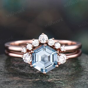 Hexagon cut aquamarine ring gold silver for women vintage unique aquamarine engagement ring set rose gold three stone moissanite bridal ring