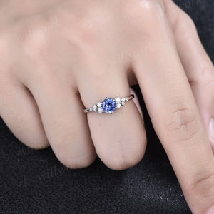 Round natural blue tanzanite ring vintage unique engagement ring 14k white gold 6 prong snowdrift diamond anniversary wedding ring for women image 2