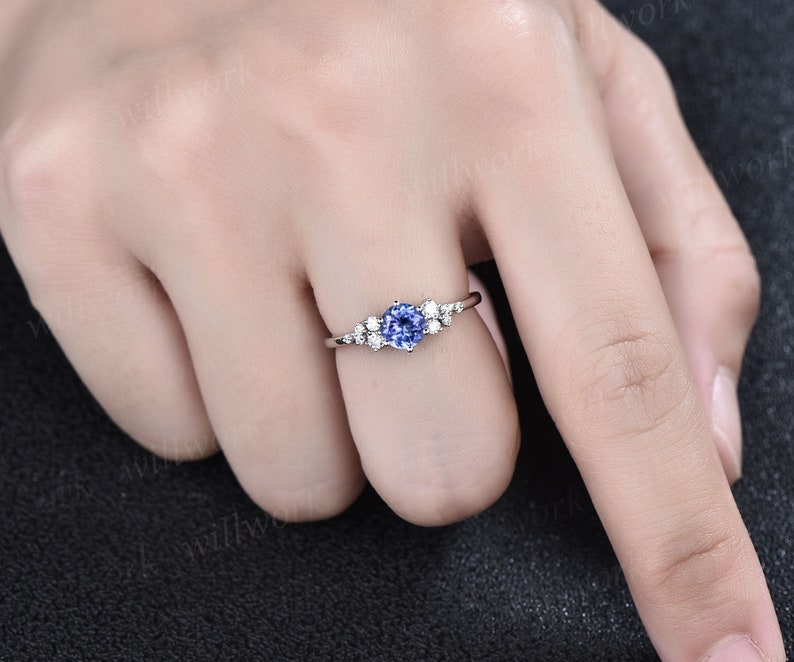 Round natural blue tanzanite ring vintage unique engagement ring 14k white gold 6 prong snowdrift diamond anniversary wedding ring for women image 2