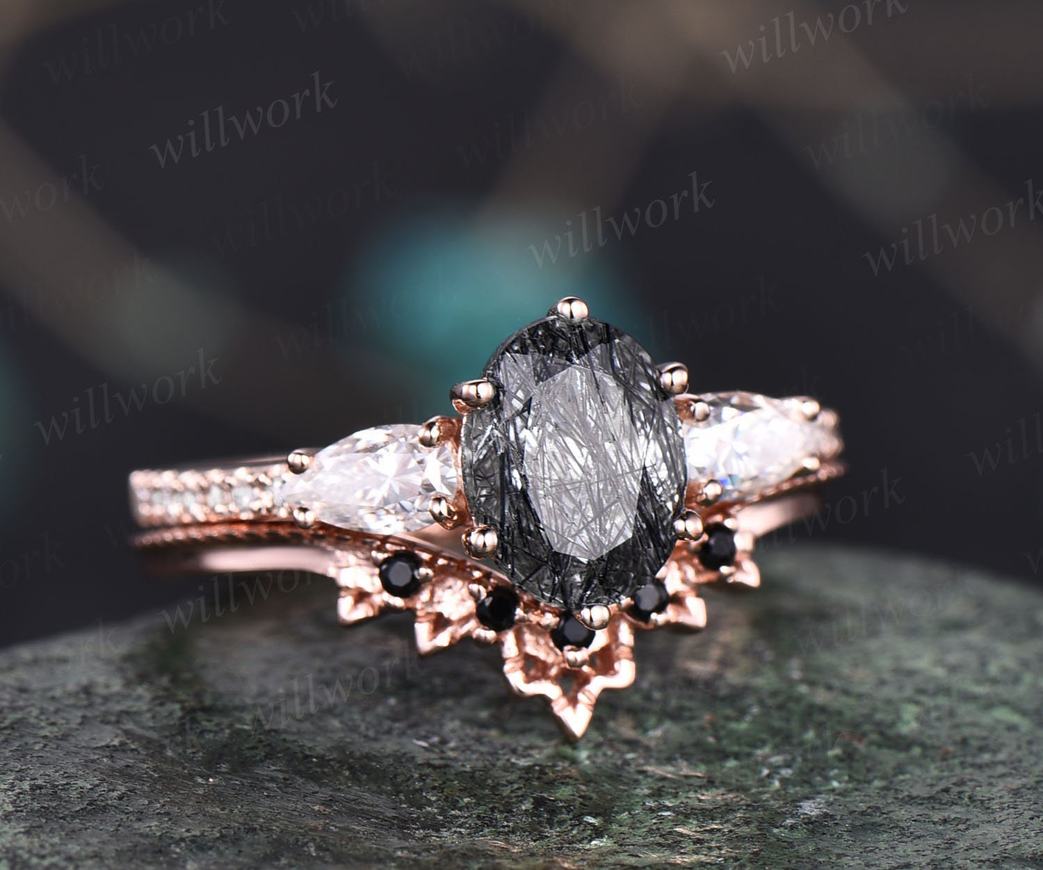 Vintage Black Rutilated Quartz Engagement Ring Set Rose Gold - Etsy