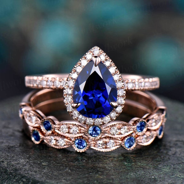 Blue sapphire engagement ring set rose gold 3pc sapphire wedding ring band vintage diamond halo ring unique marquise women bridal ring set