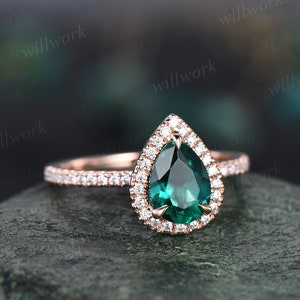 Green emerald engagement ring set rose gold emerald ring vintage diamond halo ring May birthstone ring 2pcs wedding ring set promise ring image 10