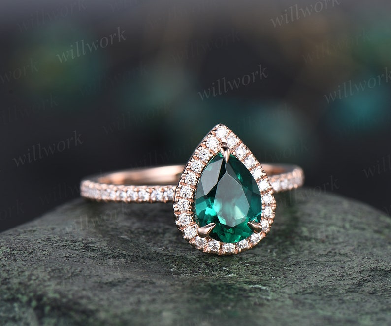 Green emerald engagement ring set rose gold emerald ring vintage diamond halo ring May birthstone ring 2pcs wedding ring set promise ring image 10