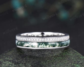 Half eternity natural moss agate wedding band men white gold handmade moissanite ring stacking band